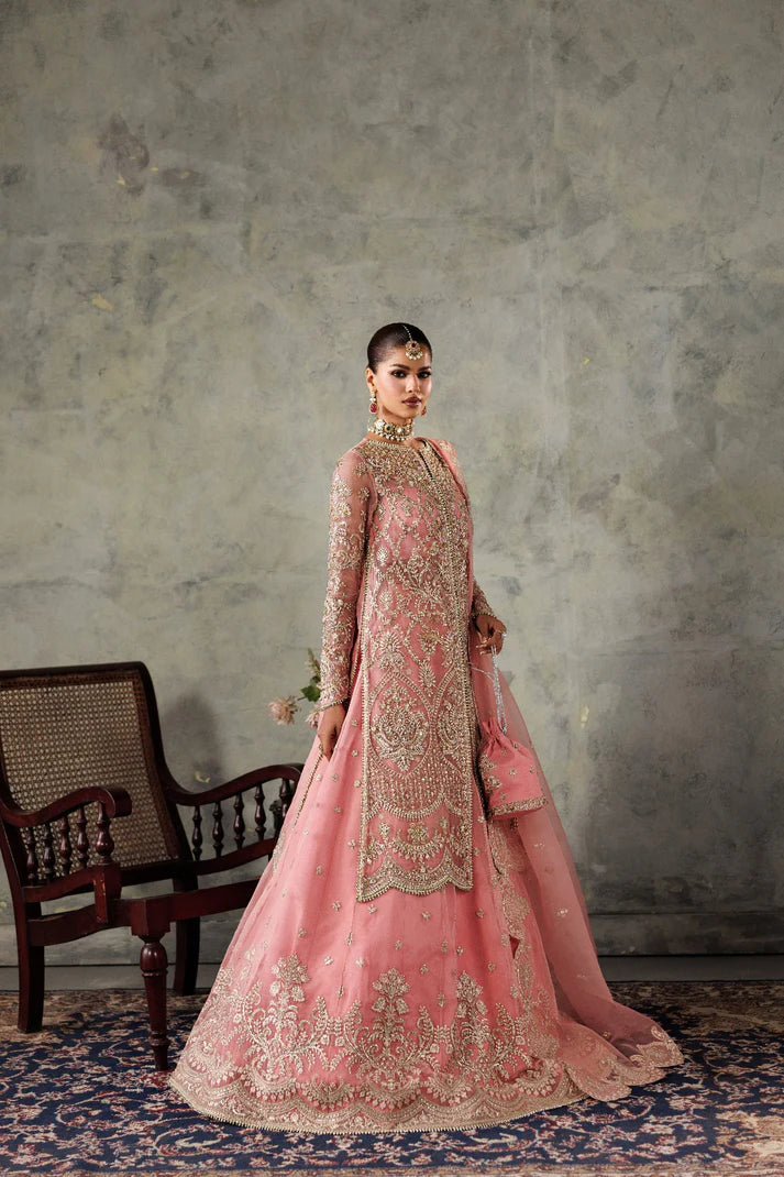 Luxury organza embroidered lehenga with hand embellished panels, sleeves & chok patti. Includes dupatta pallu patti and 8 yards inner fabric.