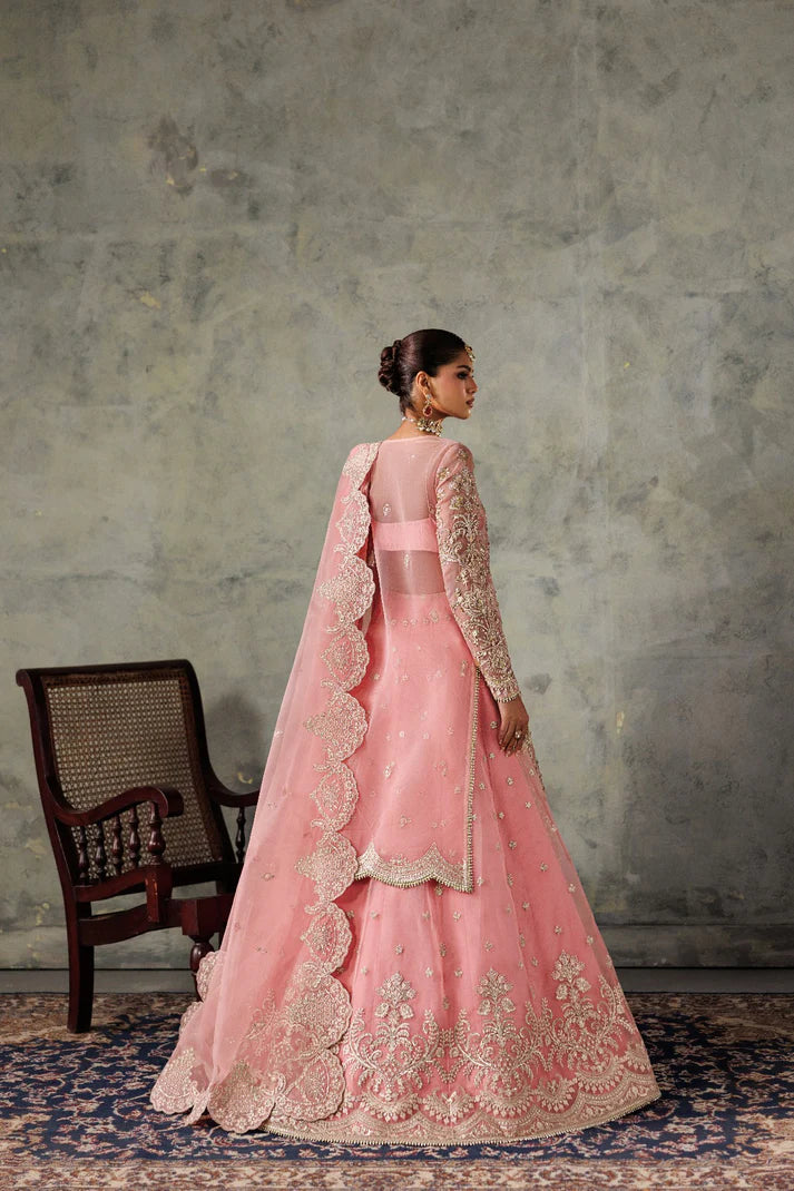 Luxury organza embroidered lehenga with hand embellished panels, sleeves & chok patti. Includes dupatta pallu patti and 8 yards inner fabric.