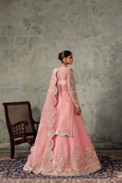 Luxury organza embroidered lehenga with hand embellished panels, sleeves & chok patti. Includes dupatta pallu patti and 8 yards inner fabric.