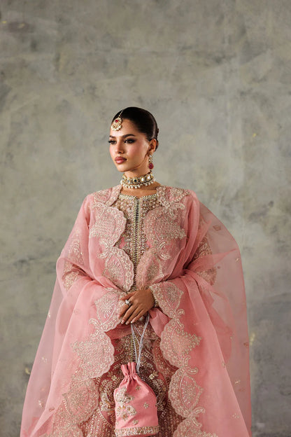 Luxury organza embroidered lehenga with hand embellished panels, sleeves & chok patti. Includes dupatta pallu patti and 8 yards inner fabric.