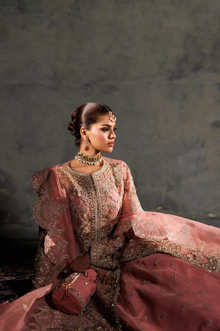 Luxury organza embroidered lehenga with hand embellished panels, sleeves & chok patti. Includes dupatta pallu patti and 8 yards inner fabric.