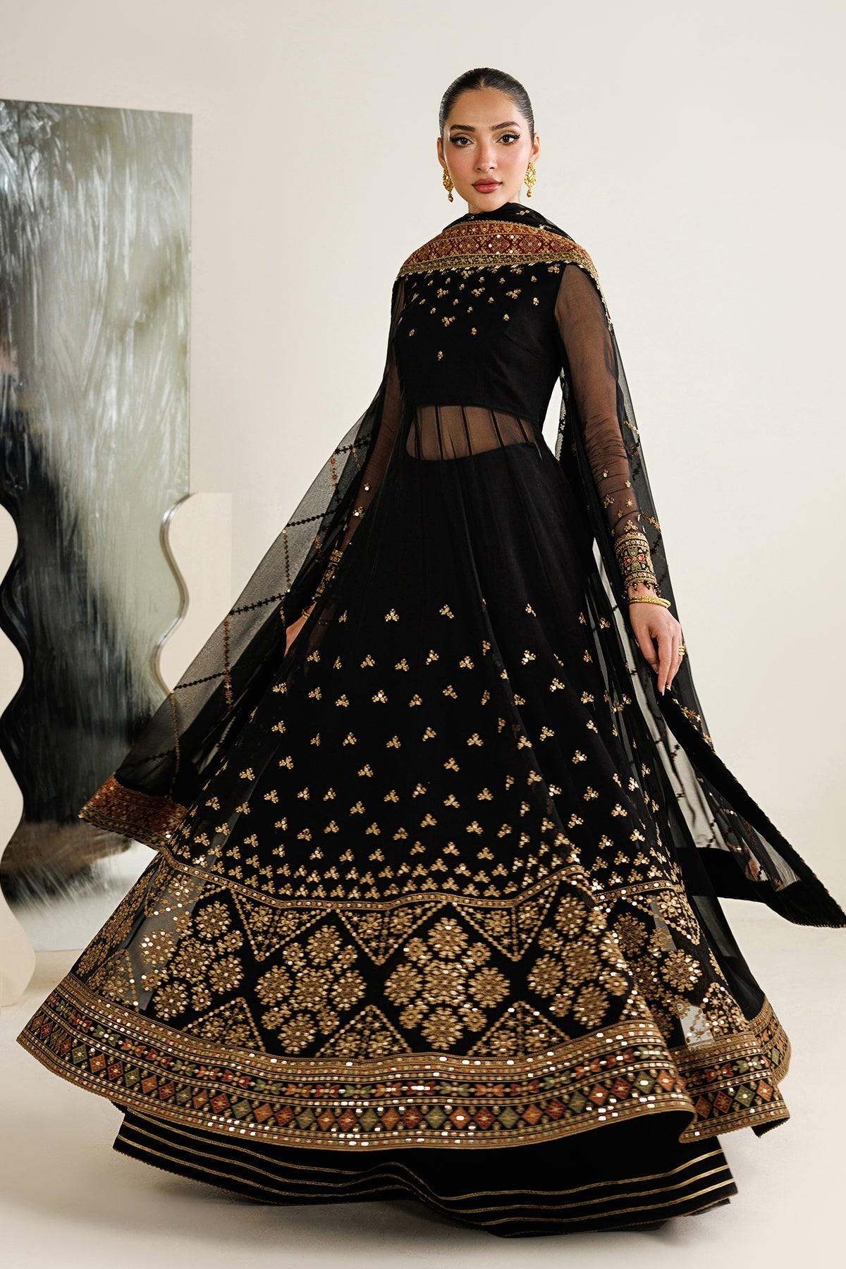 Jazmin UC-3125 three-piece chiffon formal with raw silk trouser