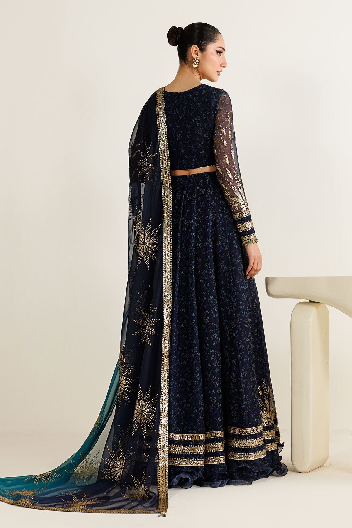 Jazmin UC-3103 three-piece printed chiffon formal with raw silk trouser
