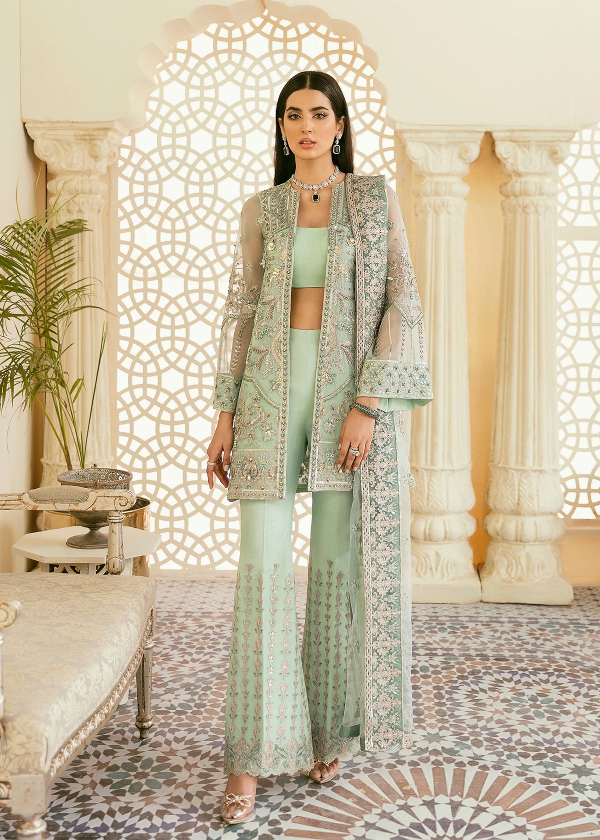 Akbar Aslam Juan embellished organza shirt with embroidered trouser