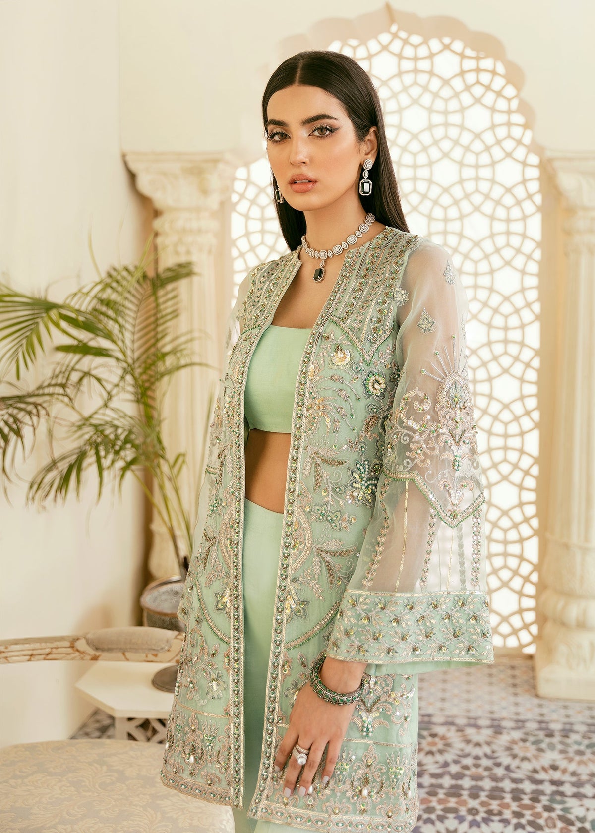 Akbar Aslam Juan organza sleeve border detail