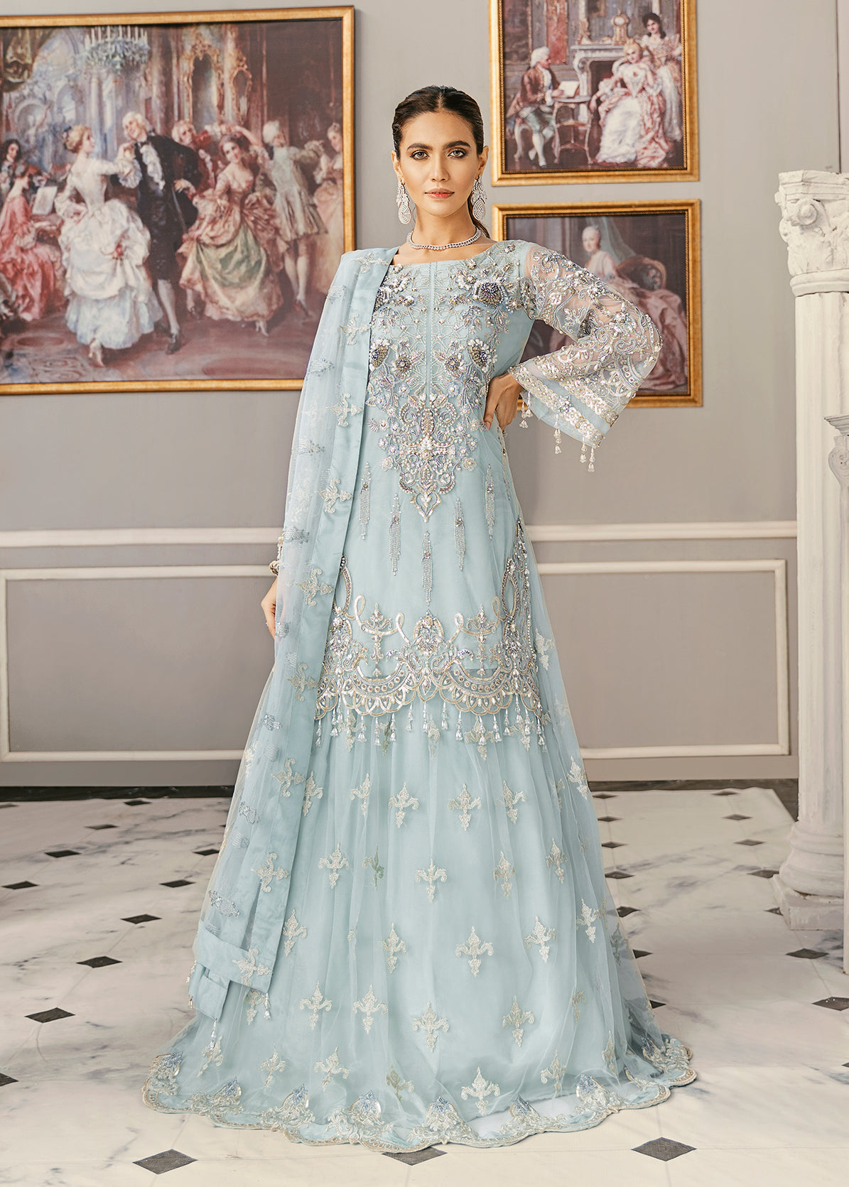 Akbar Aslam Phlox embroidered net shirt with net lehenga