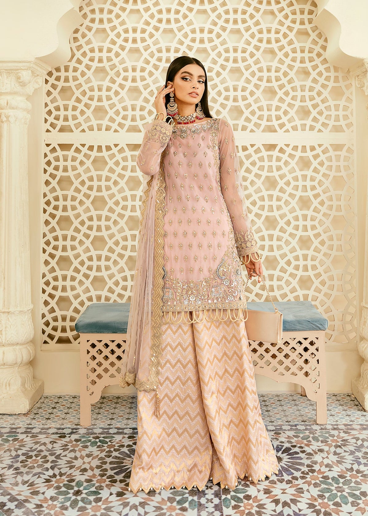 Akbar Aslam Oriole embellished net shirt with jacquard trouser