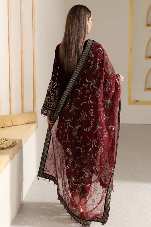 Pure velvet dress with intricate embroidery and organza dupatta, crafted for timeless elegance and luxury — perfect for formal gatherings and events.