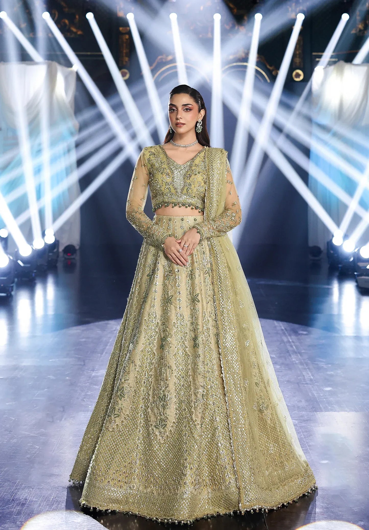 Mint Majesty by Elaf Stardom ’25 features hand-embroidered organza-poly net panels, elegant dupatta, and raw silk inner — perfect for festive and formal events.