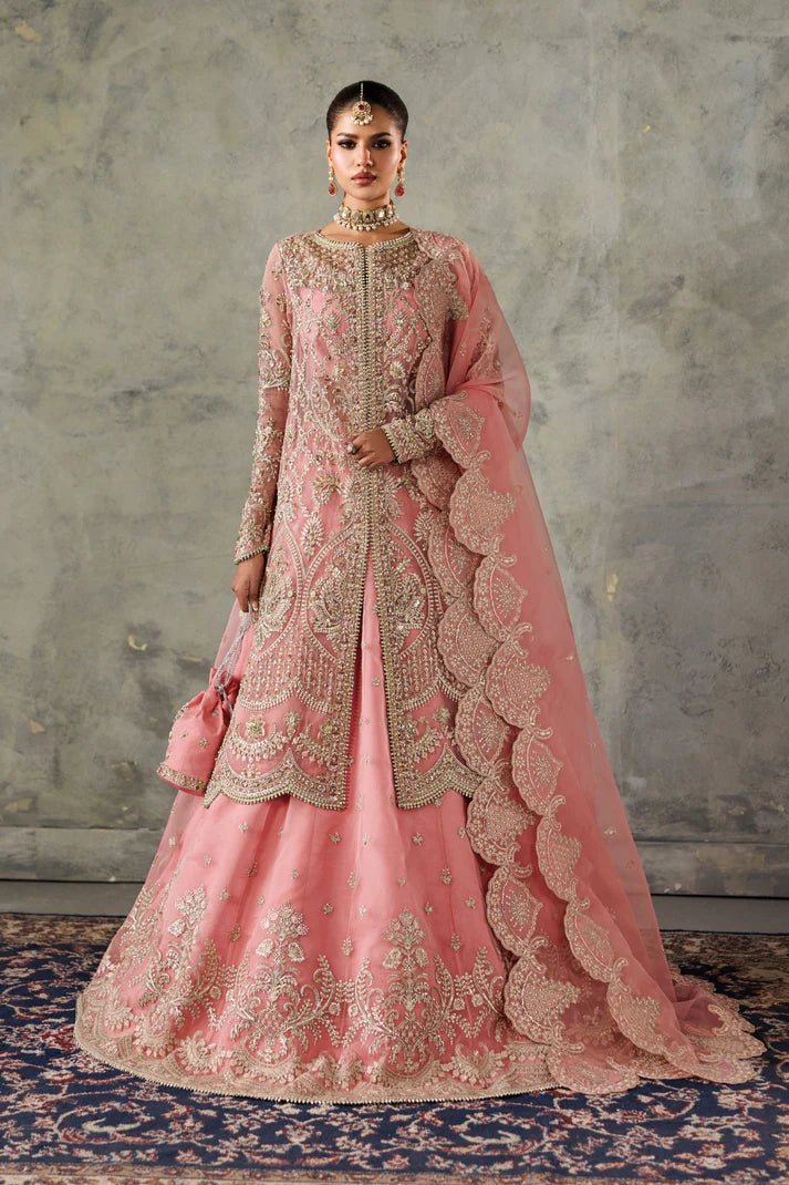 Luxury organza embroidered lehenga with hand embellished panels, sleeves & chok patti. Includes dupatta pallu patti and 8 yards inner fabric.