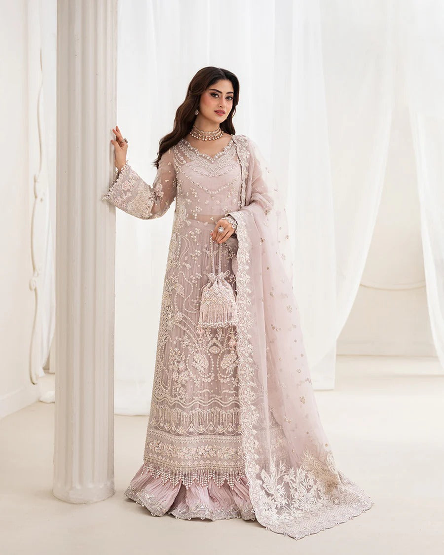 Ela dusty rose ensemble with embellished organza shirt, embroidered silk trousers, and organza dupatta—perfect for weddings, festive occasions, and celebrations.