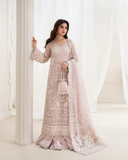 Ela dusty rose ensemble with embellished organza shirt, embroidered silk trousers, and organza dupatta—perfect for weddings, festive occasions, and celebrations.