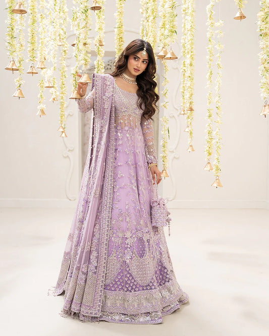 Pinar ensemble in lilac net bodice jacket with embroidered Shamose silk lehnga and flowy chiffon dupatta—perfect for weddings, festive occasions, and formal events.