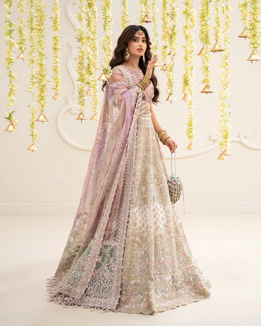 Elegant Suzan lehnga set in blush pink featuring a delicately embroidered tissue blouse, voluminous net skirt, and contrasting organza dupatta—perfect for festive occasions.