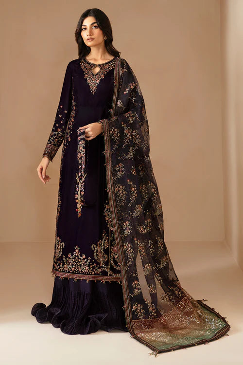 Pure velvet dress with intricate embroidery, digital printed organza dupatta, and raw silk bottom. A perfect choice for a refined and luxurious formal look.