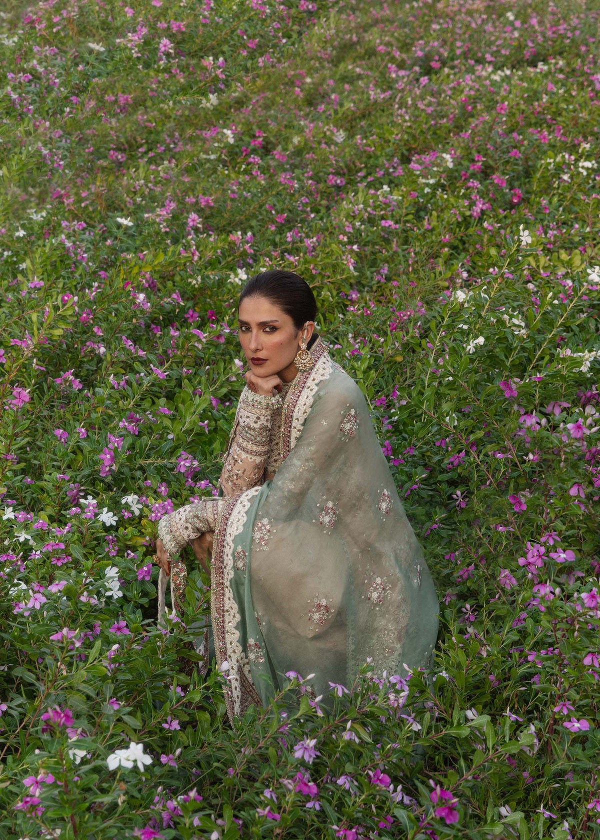 Hussain Rehar Gohar-Ara peach angrakha with mint green dupatta