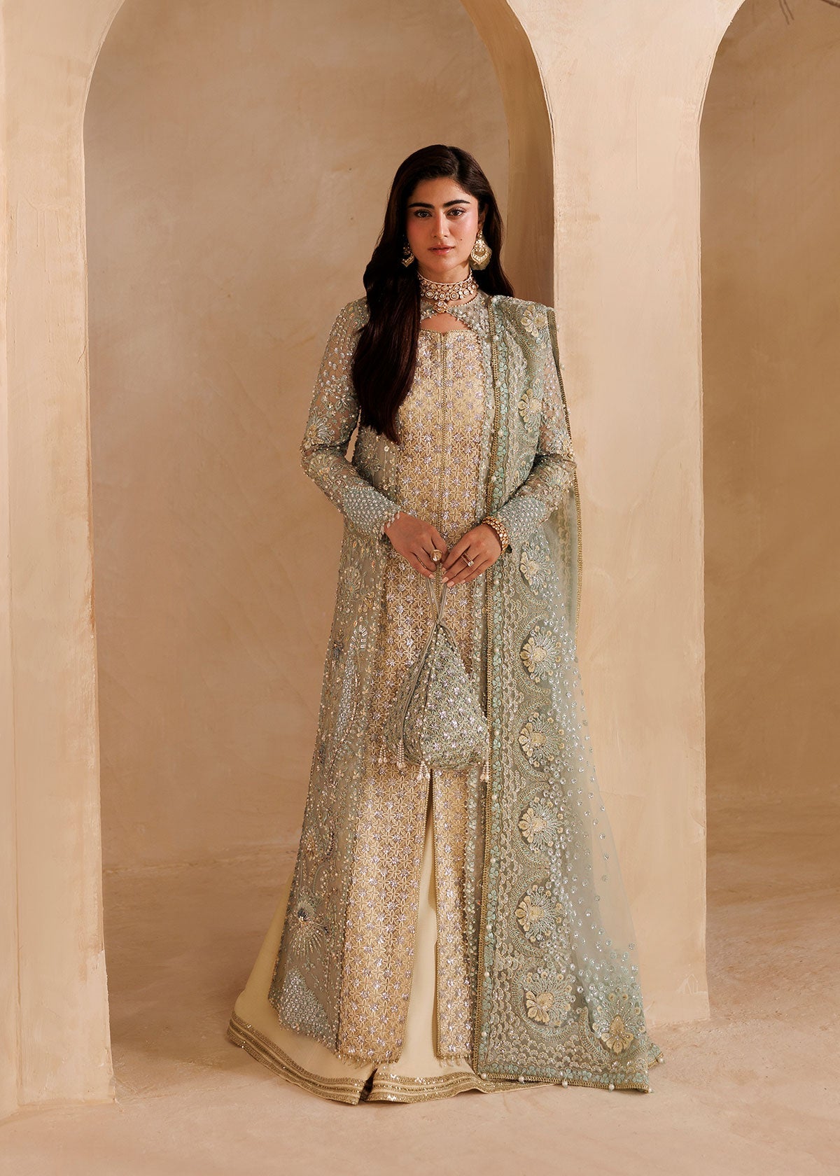 Elysia by Sardinia – handwork embroidered aqua organza shirt with front jaal