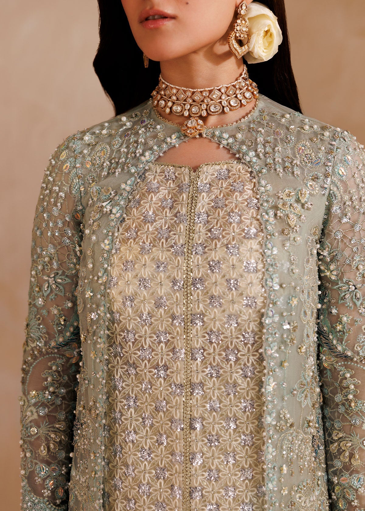 Elysia aqua and off-white Pakistani bridal wear by Sardinia, UK