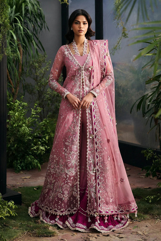 Chic pink organza dress with multi-panel embroidery, magenta silk trouser borders, and tie-dye trousers. Includes dupatta with pallu border for a vibrant look.