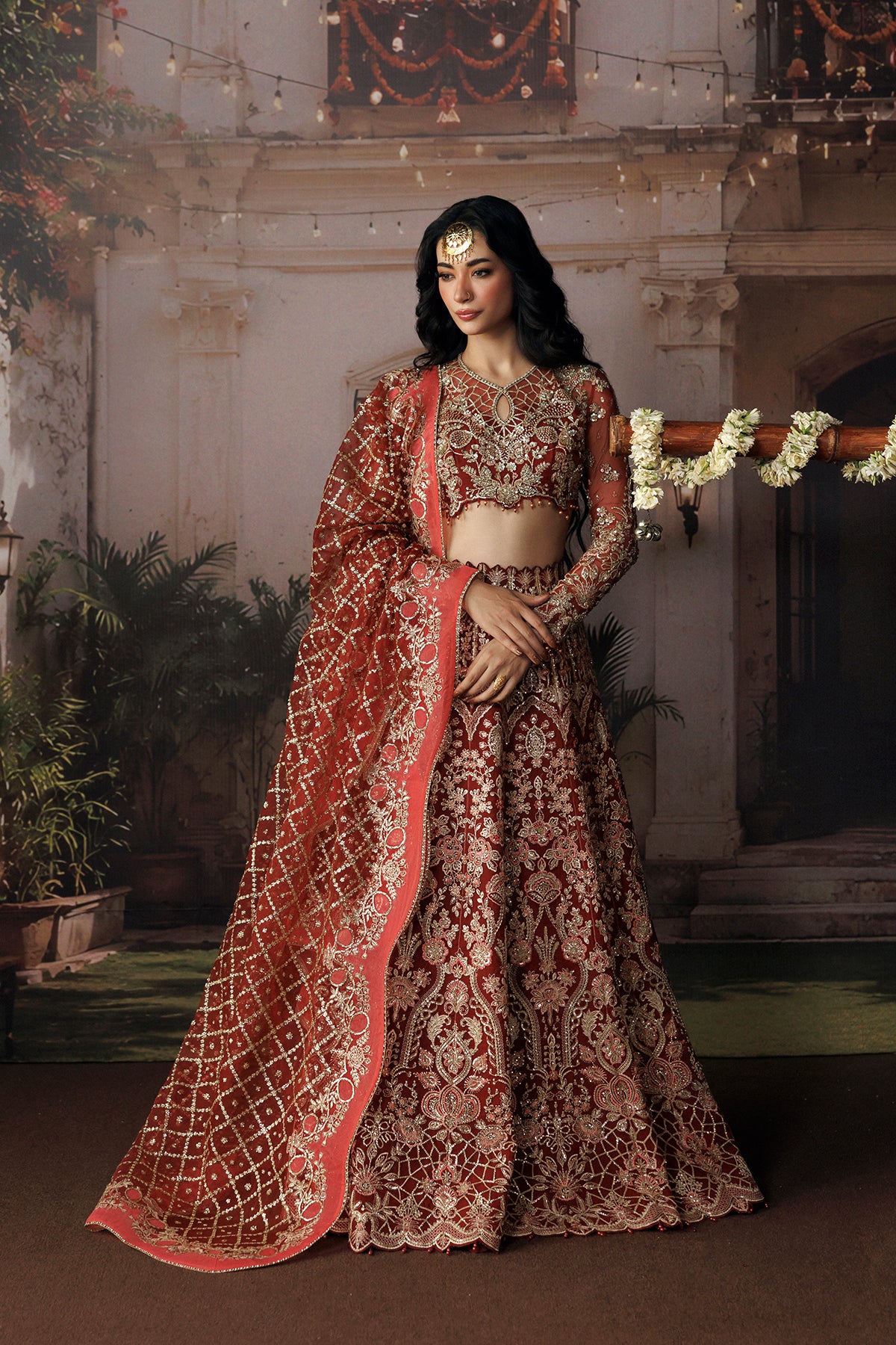 Afrozeh Rukhsan crimson red organza wedding formal with silver embroidery