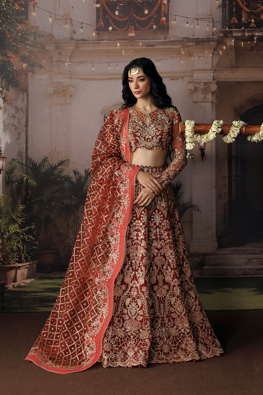 Afrozeh Rukhsan crimson red organza wedding formal with silver embroidery