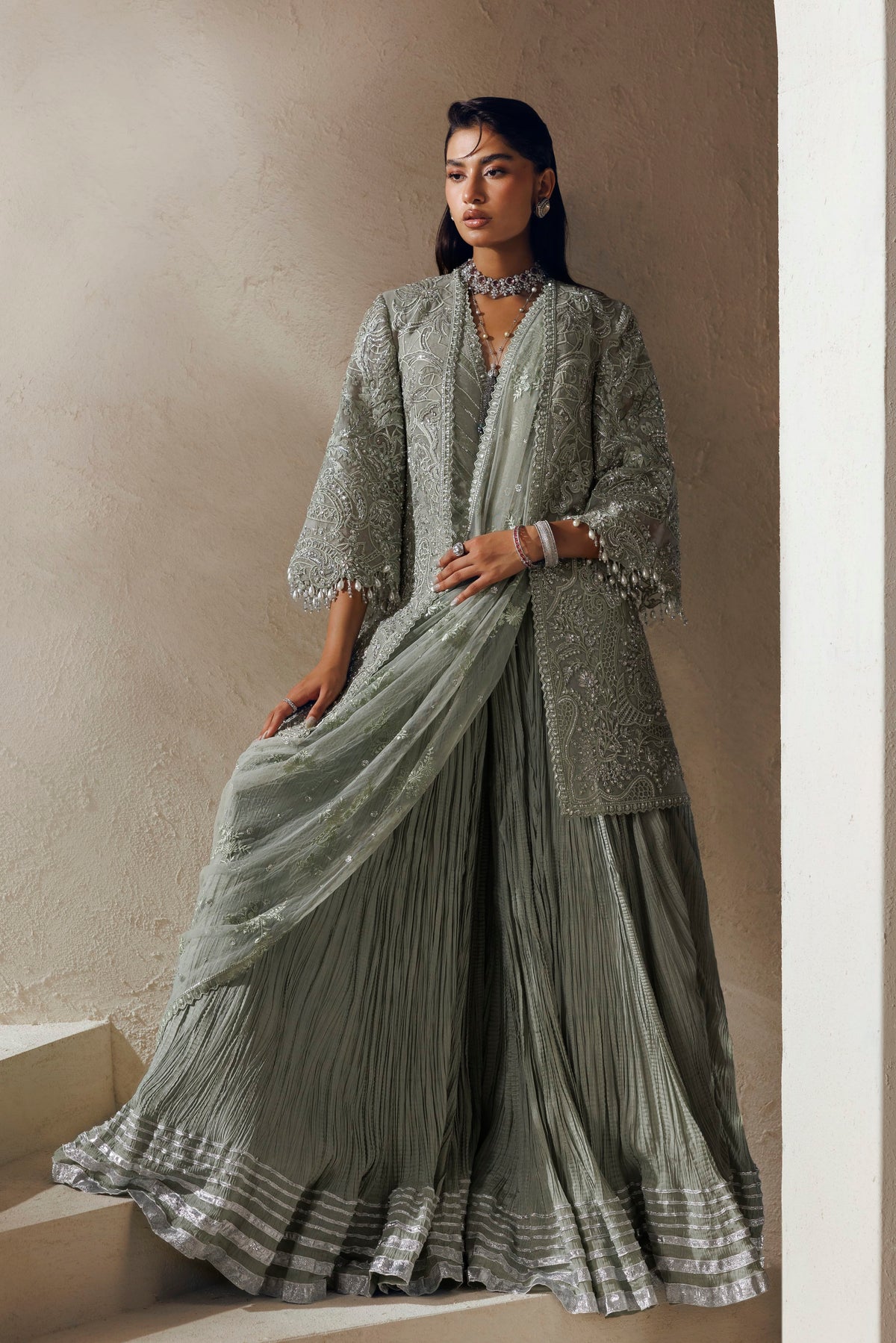 Akbar Aslam La Reina sweeping raw silk sharara