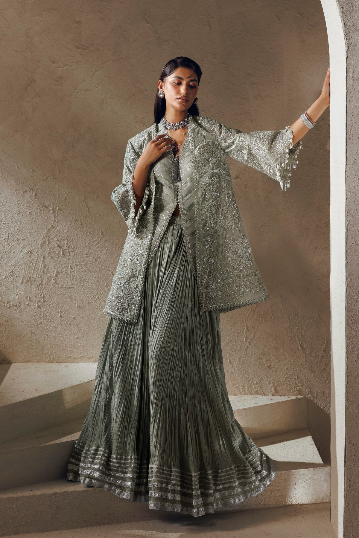 Akbar Aslam La Reina embellished organza jacket with sharara