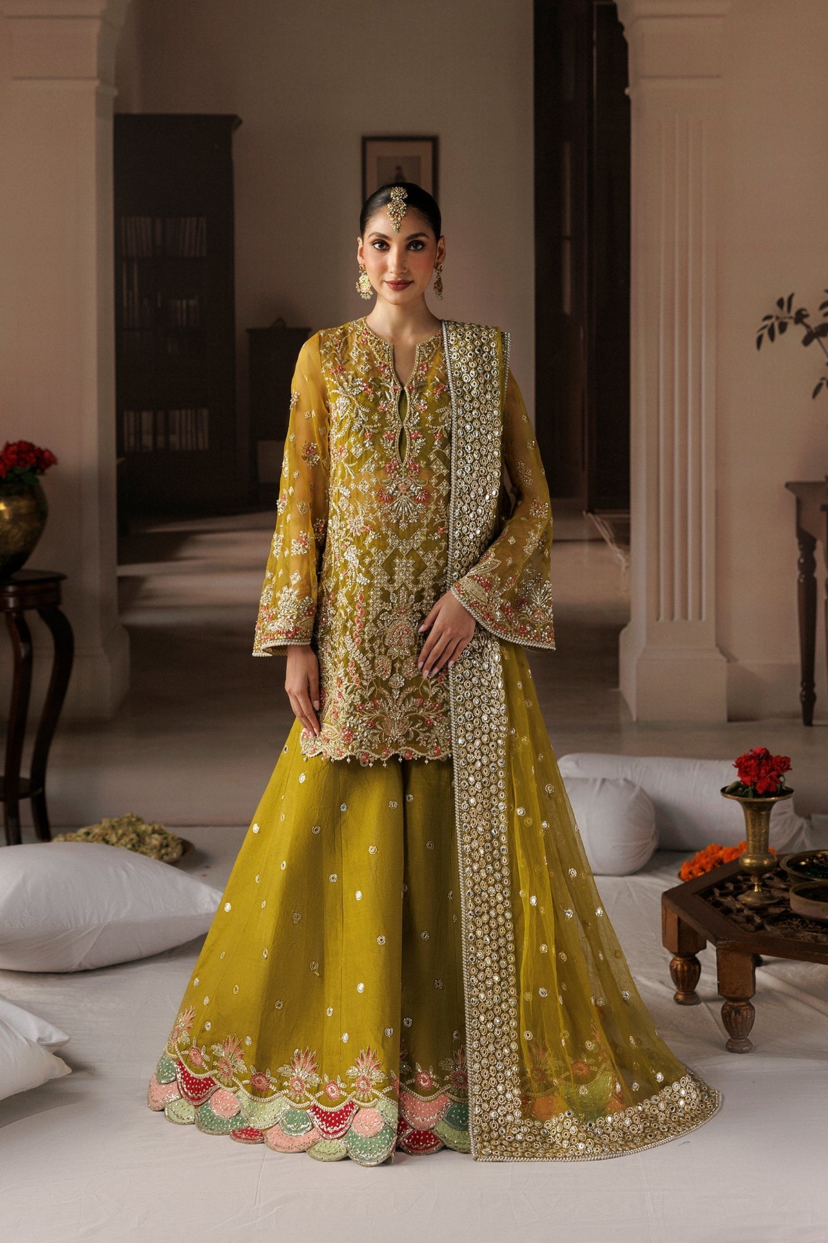 Afrozeh Zarminay mustard gold hand-embellished organza wedding formal