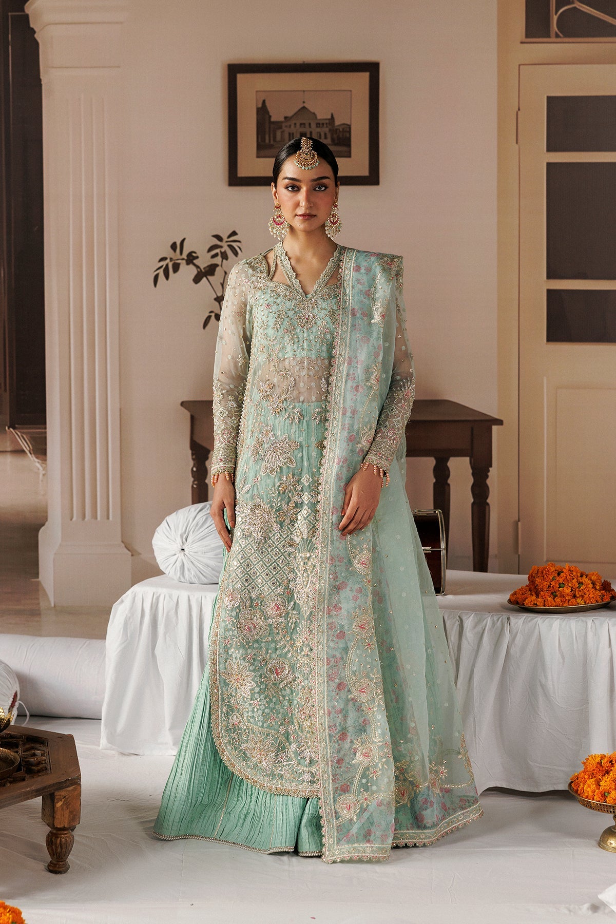 Afrozeh Dastoor mint green organza wedding formal with floral embroidery