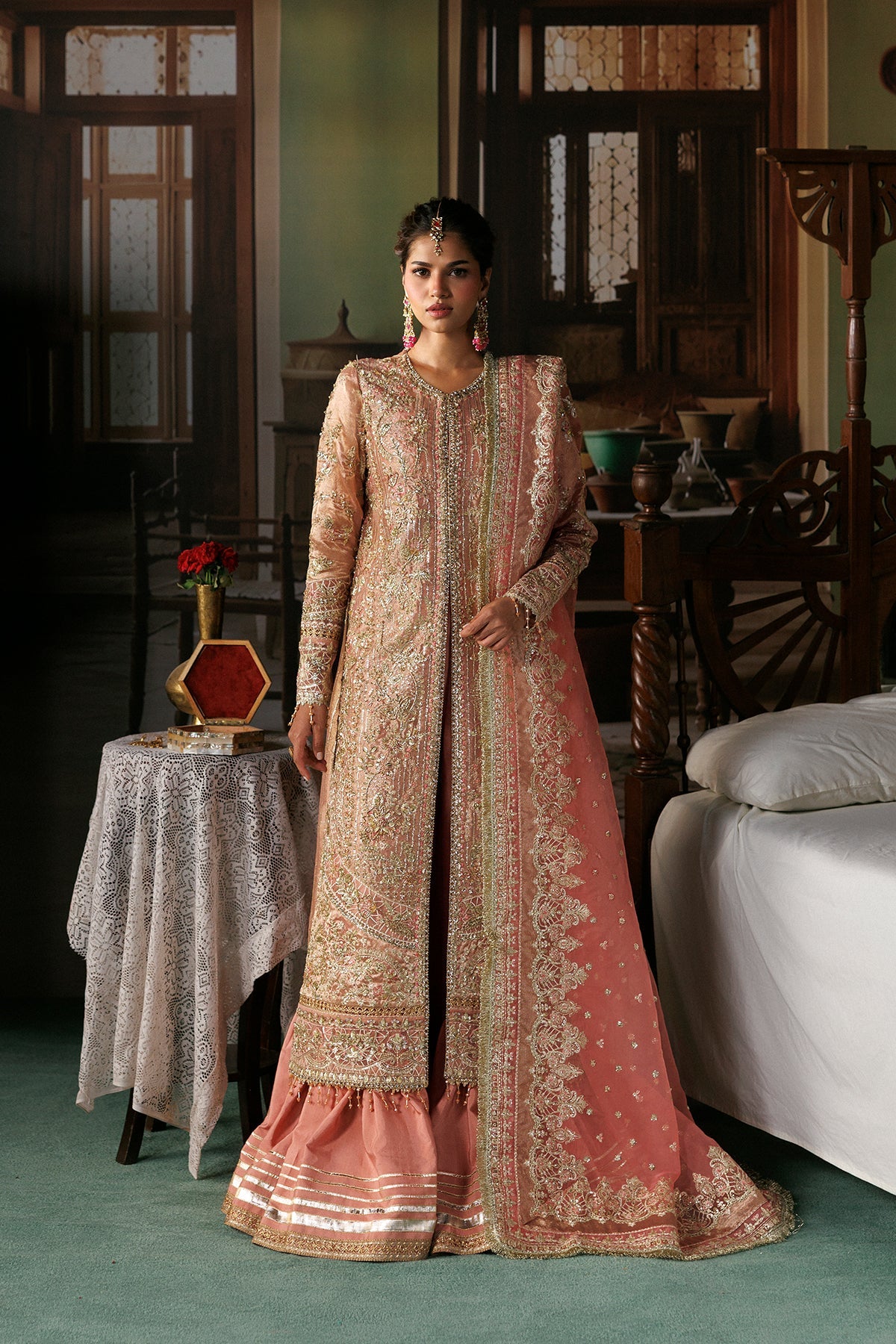 Afrozeh Aabroo peach tissue zari wedding formal with silver embroidery