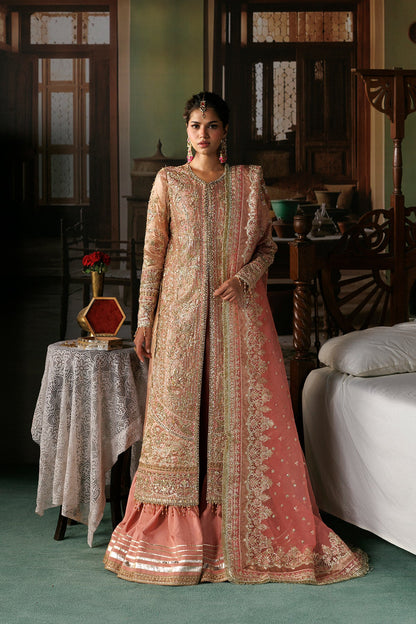 Afrozeh Aabroo peach tissue zari wedding formal with silver embroidery