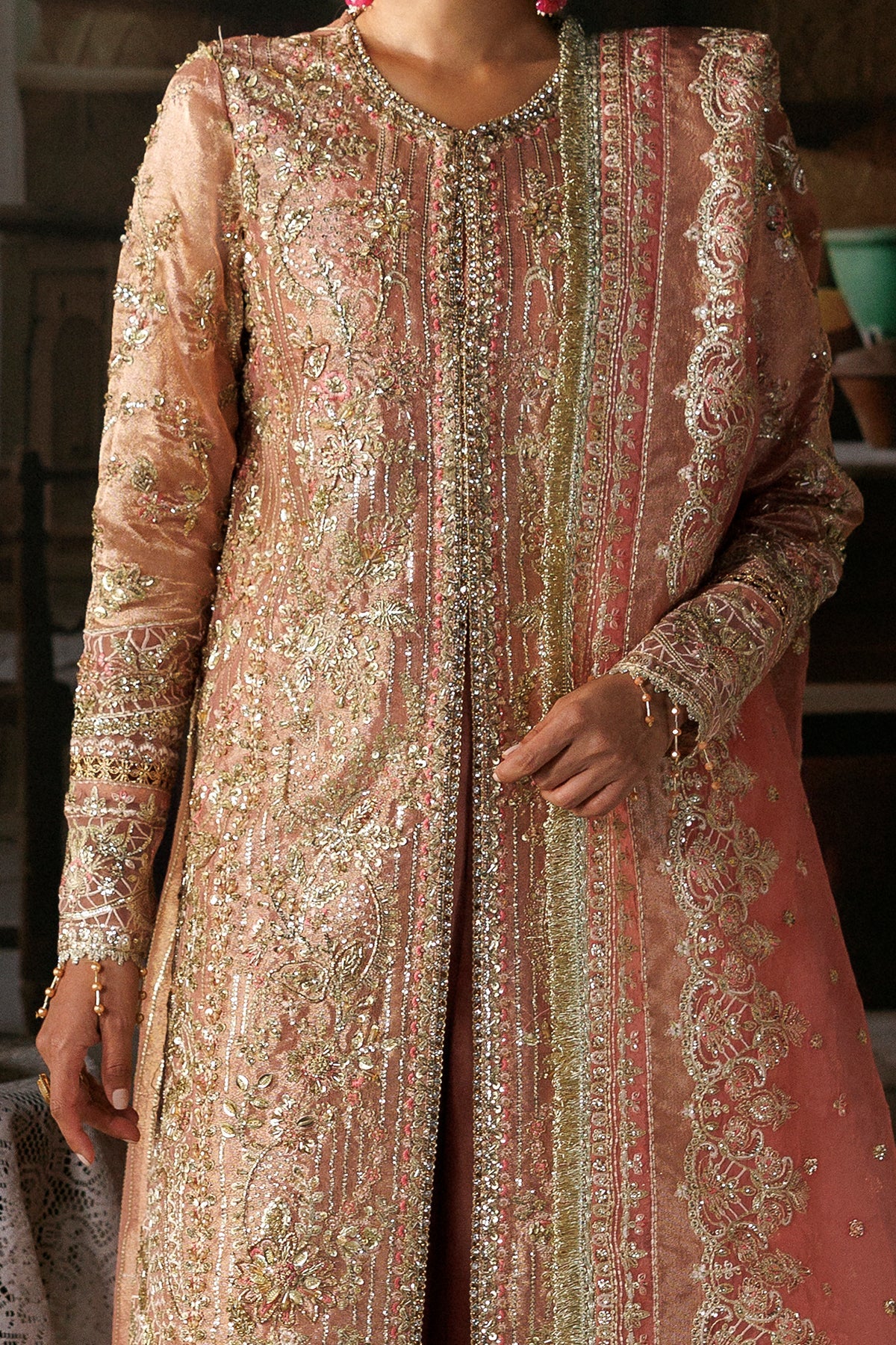 Aabroo by Afrozeh – Pakistani wedding guest outfit in peach