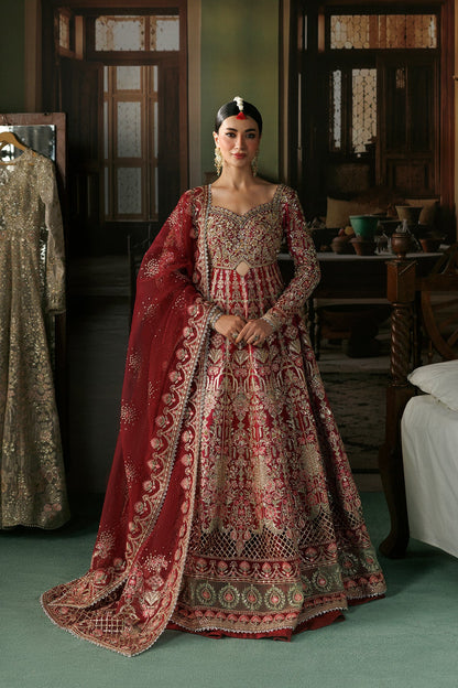 Afrozeh Virsa deep red raw silk wedding formal with silver embroidery
