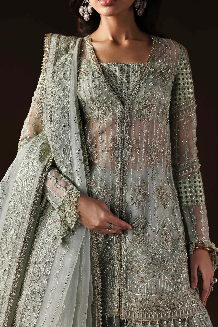 Shop organza embroidered sharara dress with hand embellishments & dupatta. Includes detailed borders & inner—perfect for weddings & festive wear.