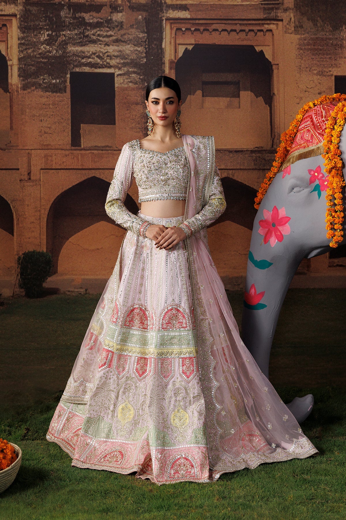 Afrozeh Gul-e-Roshan blush pink raw silk wedding formal with silver embroidery