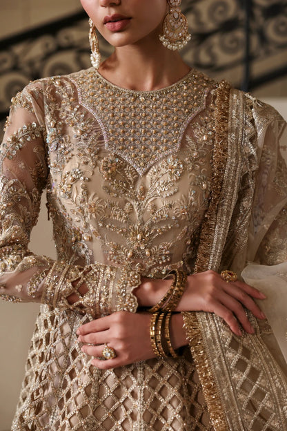 Luxurious hand-embellished organza dress with detailed panels, embroidered dupatta, Russian grip inner, and raw silk lehenga fabric for a regal ensemble.