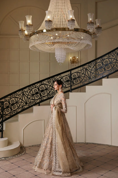 Luxurious hand-embellished organza dress with detailed panels, embroidered dupatta, Russian grip inner, and raw silk lehenga fabric for a regal ensemble.