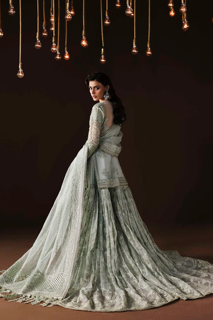 Shop organza embroidered sharara dress with hand embellishments & dupatta. Includes detailed borders & inner—perfect for weddings & festive wear.
