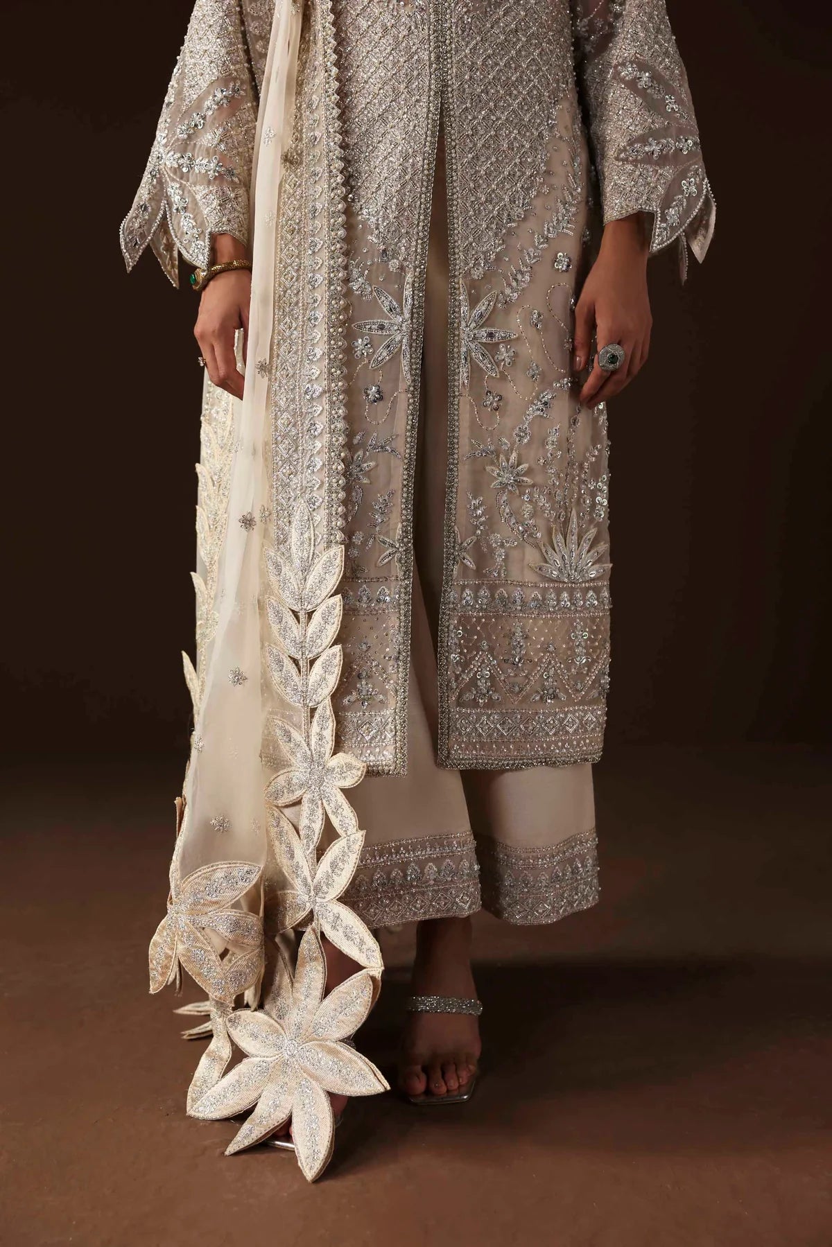 Shop organza embroidered dress with hand embellishments, raw silk trousers & dupatta. Features 3D floral details—perfect for weddings & festive wear.