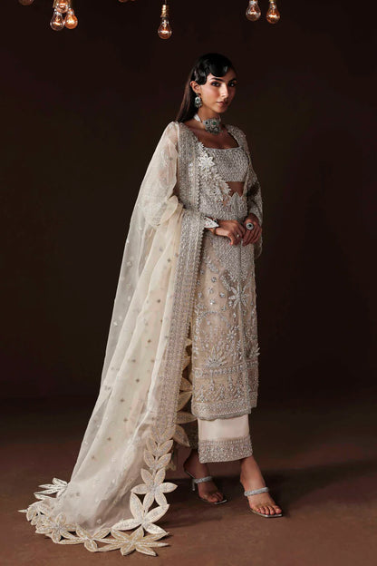 Shop organza embroidered dress with hand embellishments, raw silk trousers & dupatta. Features 3D floral details—perfect for weddings & festive wear.