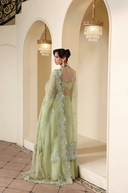 Luxurious organza suit featuring hand-embellished panels, sleeves, borders, and dupatta. Paired with Russian grip inner and 4 yards of raw silk trouser fabric.