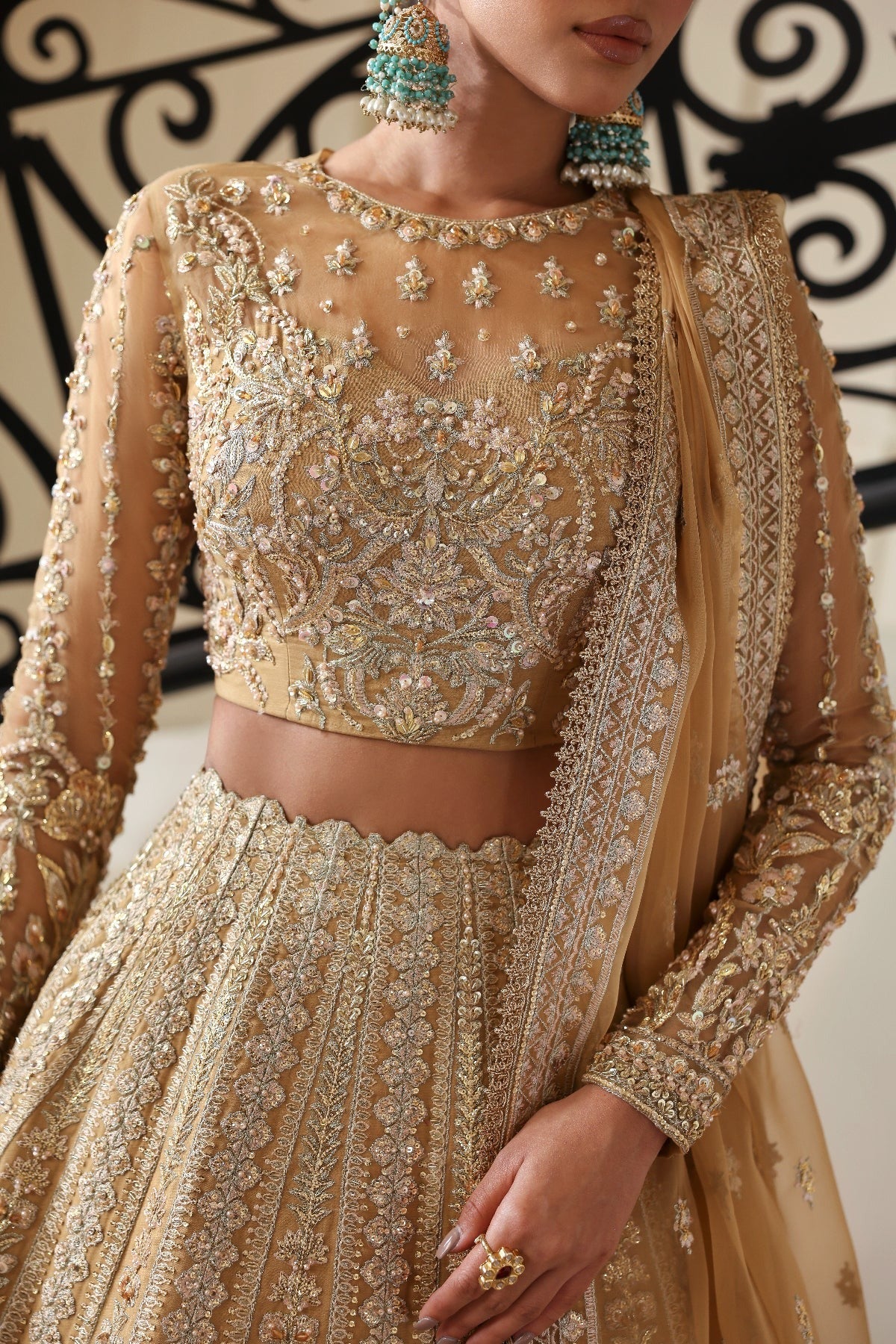 Graceful organza dress featuring hand-embellished body, sleeves, embroidered panels, and dupatta. Paired with 6 yards dyed Russian grip inner for full coverage.