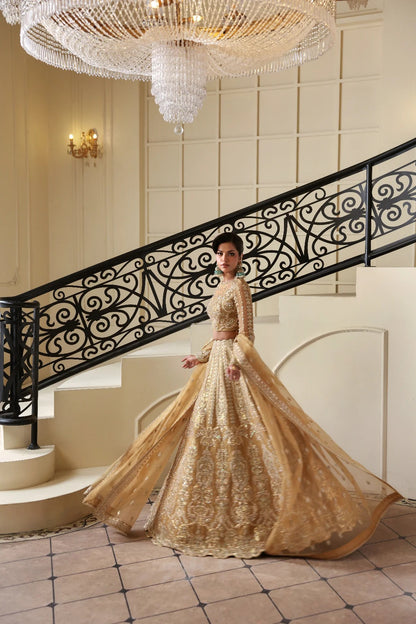 Graceful organza dress featuring hand-embellished body, sleeves, embroidered panels, and dupatta. Paired with 6 yards dyed Russian grip inner for full coverage.