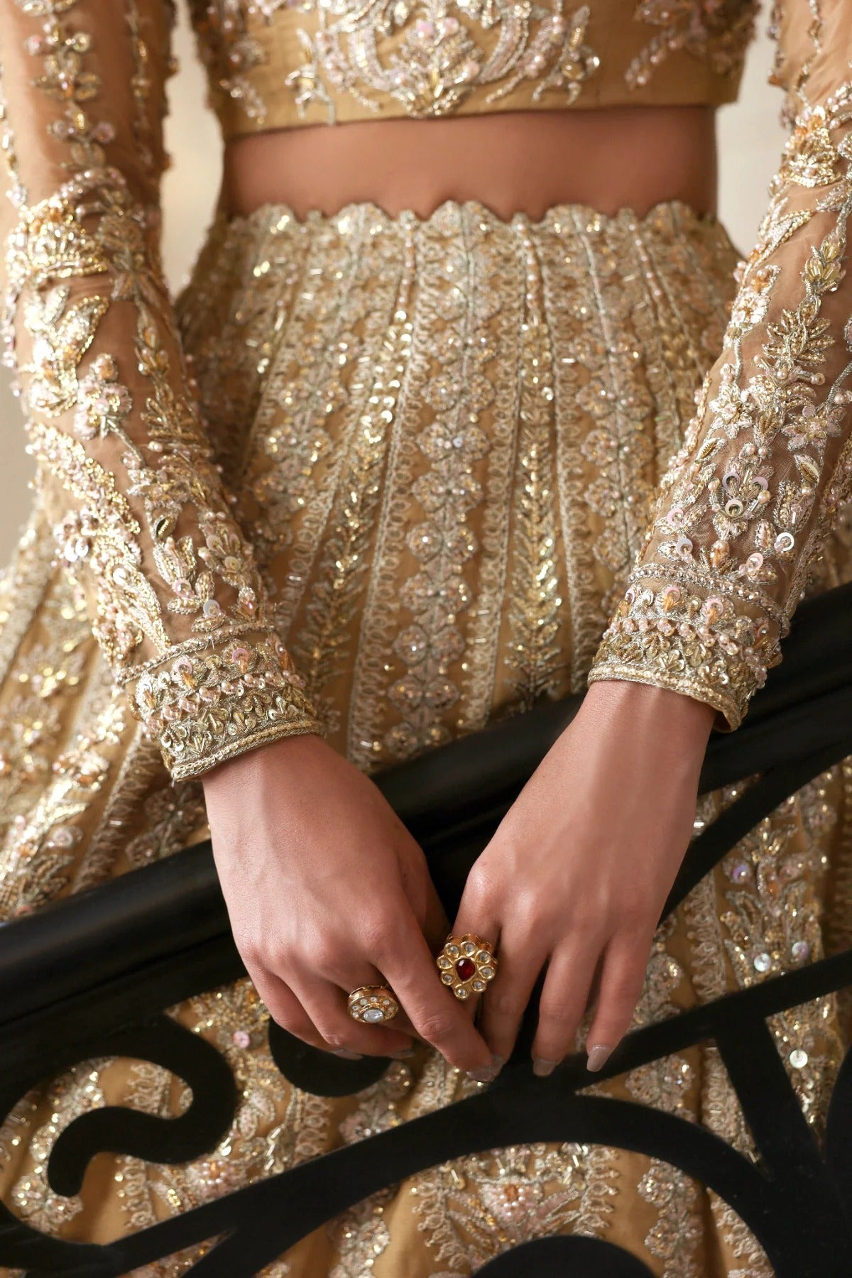 Graceful organza dress featuring hand-embellished body, sleeves, embroidered panels, and dupatta. Paired with 6 yards dyed Russian grip inner for full coverage.