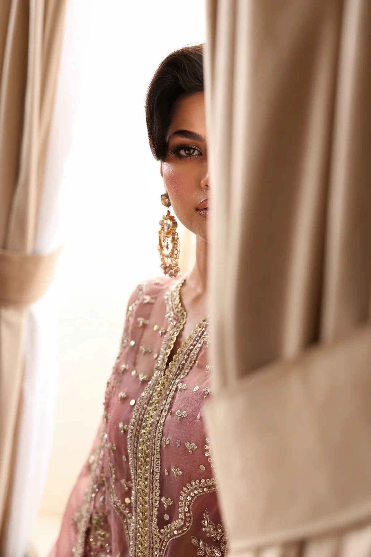 Elegant organza dress featuring hand-embellished panels, sleeves, chok patti, borders, and dupatta. Includes Russian grip inner and raw silk trouser fabric.