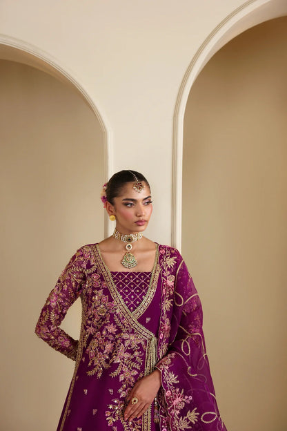 Elegant organza outfit featuring hand-embellished panels, sleeves, silk neckline, and dupatta. Includes detailed borders, Russian grip inner, and silk trouser.