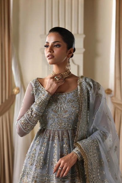 Elegant organza dress with hand embellishments, embroidered panels, matching dupatta, Russian grip inner, and 5-yard raw silk lehenga fabric. Perfect for events.