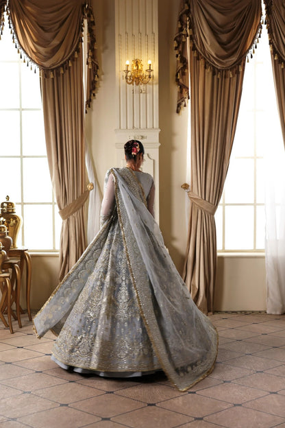 Elegant organza dress with hand embellishments, embroidered panels, matching dupatta, Russian grip inner, and 5-yard raw silk lehenga fabric. Perfect for events.