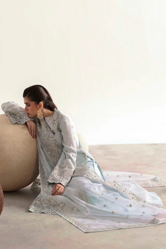 Elegant silk suit featuring hand-embroidered front, back, sleeves, chalk borders, dyed silk trouser, and a 3-yard organza dupatta for a complete festive look
