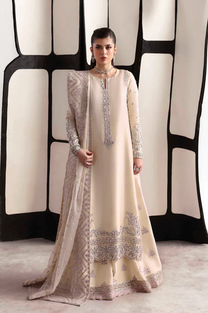 Elegant silk suit featuring hand-embroidered front, back, and sleeves, matching embroidered trouser, and a 3-yard organza dupatta for a complete festive look.
